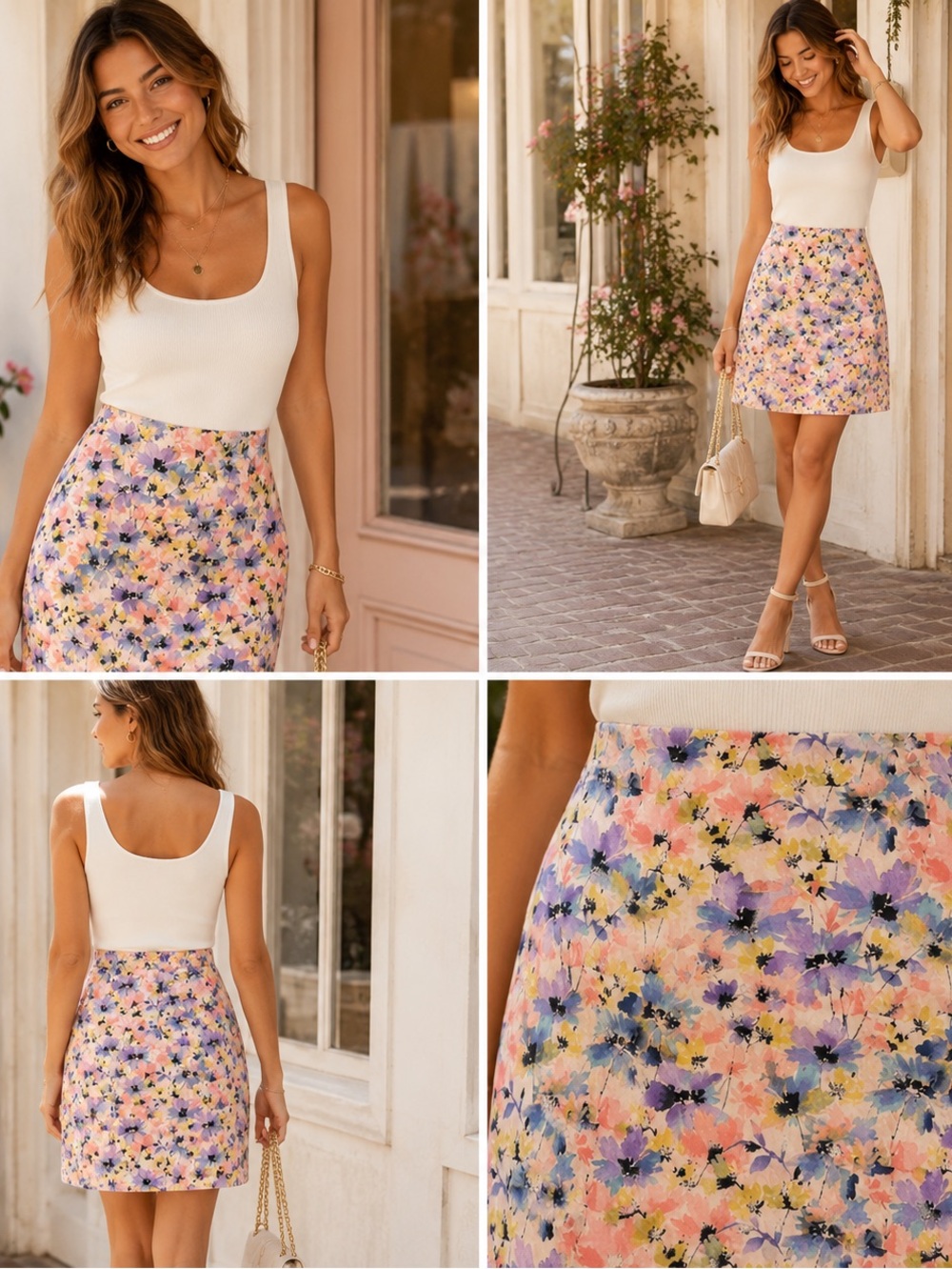 Talbots Petites Watercolor Floral Pencil Skirt Pink Purple Yellow Cotton 8P